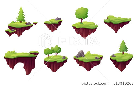 Flying game islands. Different grounds with stones, rocks and tree floating in air. Empty nature island for arcade games levels, nowaday cartoon vector set 113819263