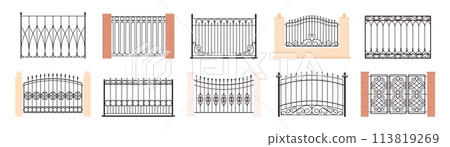 Decorative vintage fences. Ornamental metal gates and railings for balcony or terrace. Outdoor home and yard decor, racy vector collection 113819269
