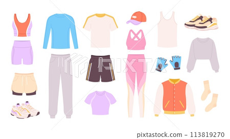 Sport outfit. Athletic wear and shoes for men and women. Unisex outdoor and home workout clothes, fashion training t-shirt, racy vector set 113819270