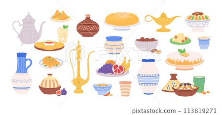 Moroccan food. Arabic pottery objects, traditional arabian meals and pastry. Decorative bowls and plates, jugs and vases. Racy vector east clipart Moroccan food. Arabic pottery objects, traditional arabian meals and pastry. Decorative bowls and plates, jugs and vases. Racy vector east clipart 113819271