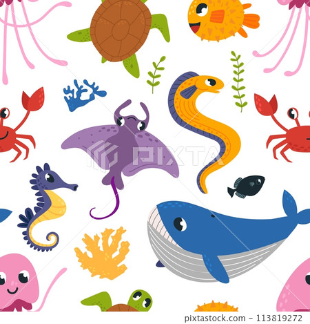 Ocean animal seamless pattern. Sealife adventures characters. Cartoon whale, jellyfish and seahorse. Colorful fabric print, classy cartoon vector background 113819272