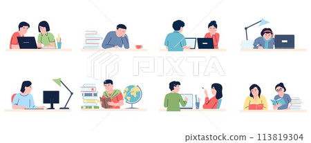 Students study, reading and sleeping. Tired student, examination or lessons preparation. Young adults learning, self education process, recent vector set 113819304