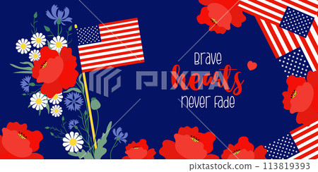 Memorial Day banner. American flags with flowers red poppy, cornflowers and chamomile on blue background. Vector illustration horizontal poster for design national traditional holidays USA. Memorial Day banner. American flags with flowers red poppy, cornflowers and chamomile on blue background. Vector illustration horizontal poster for design national traditional holidays USA. 113819393