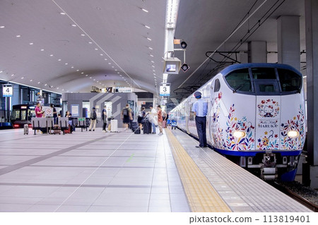 The platform at Kansai Airport Station in Osaka Prefecture and the Kansai Airport Express Haruka train at its stop 113819401