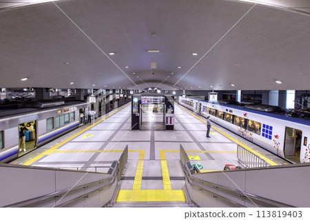 The platform at Kansai Airport Station in Osaka Prefecture and the Kansai Airport Express Haruka train at its stop The platform at Kansai Airport Station in Osaka Prefecture and the Kansai Airport Express Haruka train at its stop 113819403