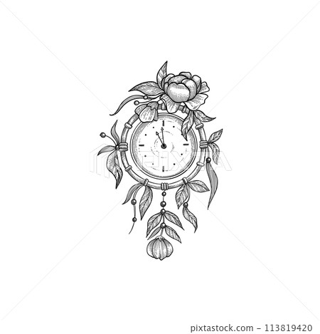 Vintage clock face. Retro clock watchface with roman numerals, ornate watch and antic watch design. Antique elegant hour time clock. Isolated vector illustration Vintage clock face. Retro clock watchface with roman numerals, ornate watch and antic watch design. Antique elegant hour time clock. Isolated vector illustration 113819420