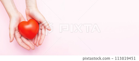 Children's hands holding a red heart as a simbol of care, love, support and protection 113819451