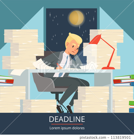 Deadline busy manager hard work with documents in night office space 113819501