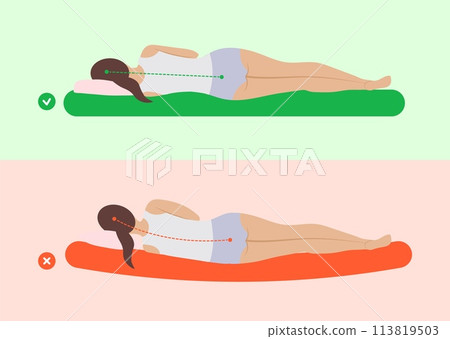 Correct sleep posture orthopedic infographic illustration with incorrect poses 113819503