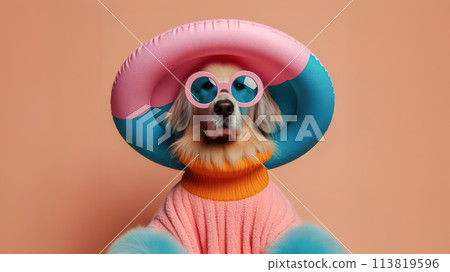 Funny dog wearing summer fashion on pastel background with copy space. Summer Vacation Concept. 113819596