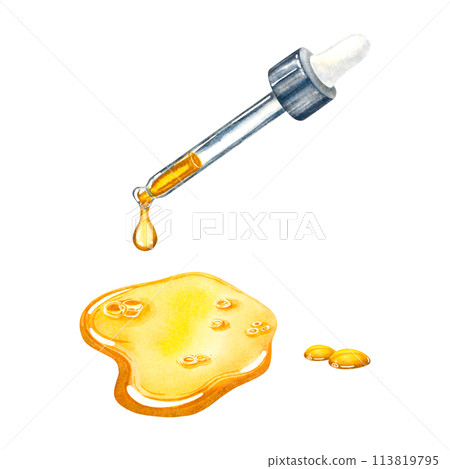 Pipette for a dropper bottle. Hand drawn watercolor illustration of a drop of moisturizing serum isolated on a white background. Can be used for design, advertising, promotion of cosmetics, medicine. 113819795