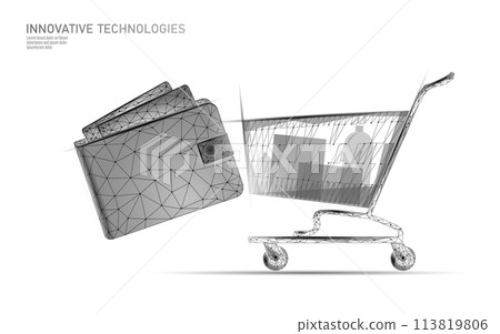 Shopping cart and online wallet low poly design 3D. Online shop trade market technology. Buy now template. Mobile app sale vector illustration Shopping cart and online wallet low poly design 3D. Online shop trade market technology. Buy now template. Mobile app sale vector illustration 113819806