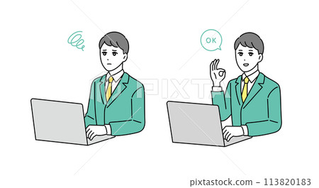 Illustration of a sales business person working on a computer 113820183