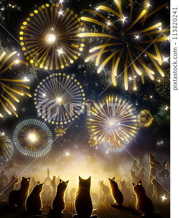 A cat watching the starry sky with fantastic fireworks sparkling 113820241