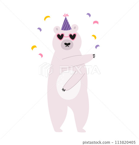 Vector illustration of a cool bear dancing in disco glasses and birthday hat Vector illustration of a cool bear dancing in disco glasses and birthday hat 113820405