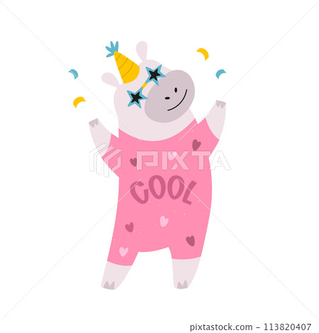 Vector illustration of a happy hippo dancing in disco glasses and cool costume 113820407