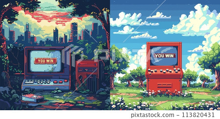 You win game screen pixel art vector concepts. Arcade machine 8 bit landscape trees grass sky clouds cityscape horizon victory scene illustrations 113820431