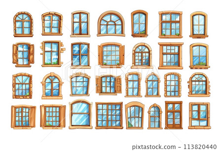Windows cartoon vector set. Glass view composed old facade closed shutters buildings architectural elements illustrations isolated in white background 113820440