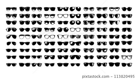Sunglasses black ink sketch vector set. Men women sun goggles fashionable accessory different models icons isolated on white background 113820495