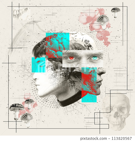 Artistic collage with human profile, vibrant abstract elements, skull, and face parts. Conceptual art. Mystical element, perception, reality, and surrealism. 113820567