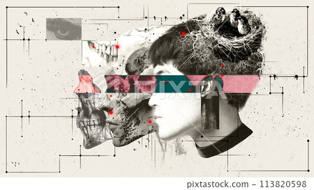 Surreal collage of male profile with skull, abstract elements, bird nest in monochrome and color palette. Conceptual art. Exploring the theme of existence. 113820598