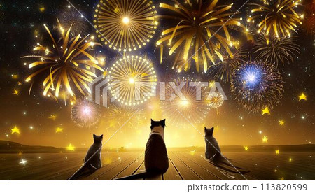 A cat watching the starry sky with fantastic fireworks sparkling 113820599
