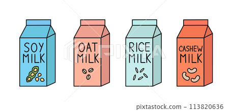 Vegan milk set. Soy, rice, cashew, oat. Box Carton packaging. Collection of vector flat illustration. 113820636