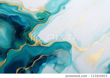 Alcohol ink art style blue-green fluid with gold decoration on white background. Banner shot from diagonal above. AI-generated image. 113820925