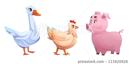 Cute farm animals - goose, chicken and pig. 113820926