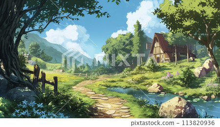 Beautiful landscape with forest, stream and wooden house AI image 113820936