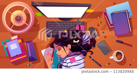 Tired woman sleep at office computer desk vector Tired woman sleep at office computer desk vector 113820988