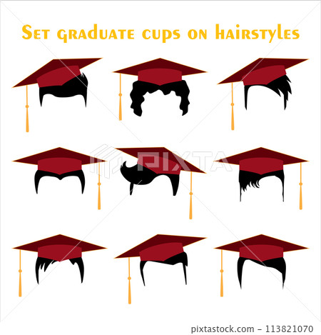 Set of black hair silhouettes with red graduation caps. Vector modern haircuts with education student caps for men or women, isolated on white Set of black hair silhouettes with red graduation caps. Vector modern haircuts with education student caps for men or women, isolated on white 113821070