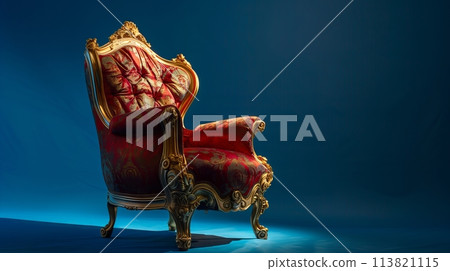 Studio with luxurious red chair and blue background 113821115