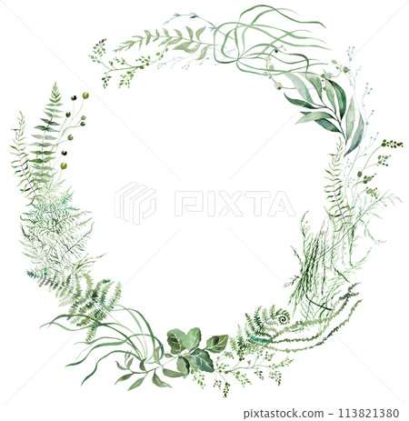 Round frame with Watercolor fern twigs with green leaves isolated illustration, botanical wedding 113821380