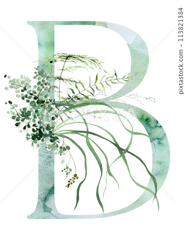 Green letter B with Watercolor whimsical tender leaves isolated illustration, wedding element Green letter B with Watercolor whimsical tender leaves isolated illustration, wedding element 113821384