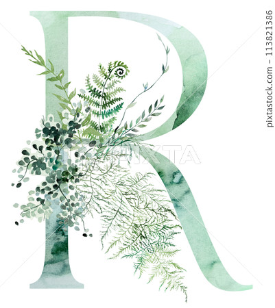 Green letter R with Watercolor whimsical tender leaves isolated illustration, wedding element 113821386
