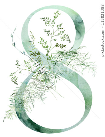 Green number 8 with Watercolor whimsical tender leaves isolated illustration, wedding element 113821388