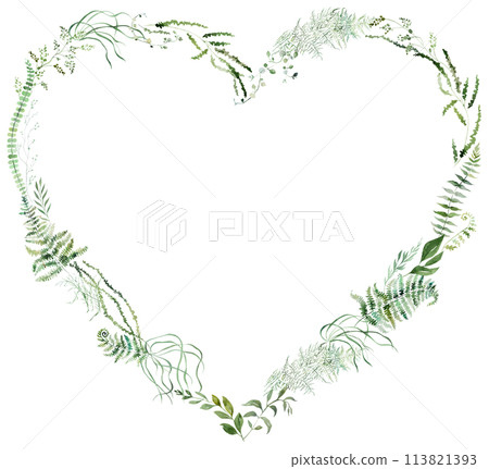 Heart frame with Watercolor fragile stems and tiny green leaves isolated illustration, botanical wedding Heart frame with Watercolor fragile stems and tiny green leaves isolated illustration, botanical wedding 113821393