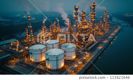 Aerial view of a petrochemical oil and gas industry plant with white tanks for fuel storage at dusk in an industrial area on a river bank, photo with soft light. 113821646