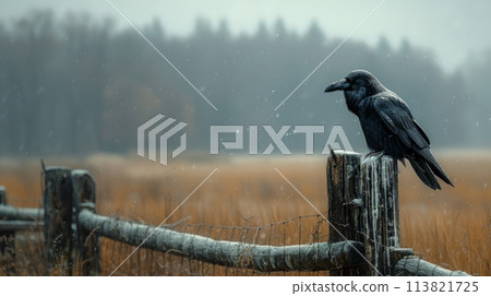 A raven sits on a fence on a gloomy winter day against a stormy sky. Countryside, fields, forest on the horizon. mystical forest. gothic aesthetic. 113821725