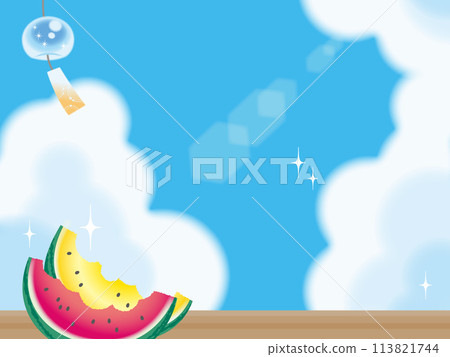 Summer sky with cumulonimbus clouds, watermelon and wind chimes (horizontal) Summer sky with cumulonimbus clouds, watermelon and wind chimes (horizontal) 113821744