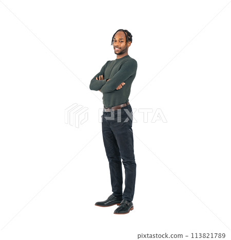 Black man standing with his arms folded. Full-body photo PNG with transparent background, precisely cut by hand. 113821789