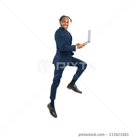 A black businessman jumping while looking at a laptop computer. A transparent full-body photo PNG precisely cut by hand A black businessman jumping while looking at a laptop computer. A transparent full-body photo PNG precisely cut by hand 113821881