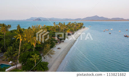 Aerial view of koh Mook or koh Muk island at Trang, Thailand. It is a small idyllic island in the Andaman Sea Aerial view of koh Mook or koh Muk island at Trang, Thailand. It is a small idyllic island in the Andaman Sea 113821882