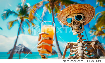 Funny skeleton in a straw hat on the beach under the palm trees. 113821895