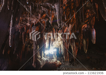 beatiful of Stalactite and Stalagmite in Tham Lay Khao Kob Cave in Trang, thailand. 113821936