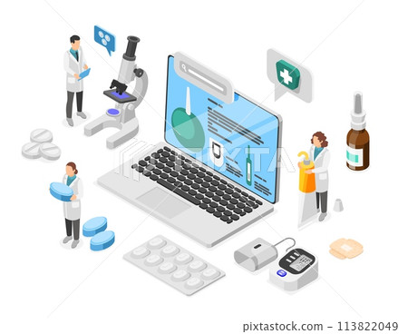 Online medical support. Isometric telemedicine concept, healthcare, pharmacy and research. Doctors and pharmacist with pills, flawless vector scene Online medical support. Isometric telemedicine concept, healthcare, pharmacy and research. Doctors and pharmacist with pills, flawless vector scene 113822049