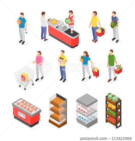 Isometric people on grocery shopping. Market stand with products, with basket and bags. Waiting line to cashier. Buy food flawless vector scenes 113822068
