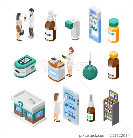 Isometric pharmacy set. Pharmacist and patient, client buy medication. Marketing in healthcare, bottles with pills or drugs. Flawless vector set Isometric pharmacy set. Pharmacist and patient, client buy medication. Marketing in healthcare, bottles with pills or drugs. Flawless vector set 113822084