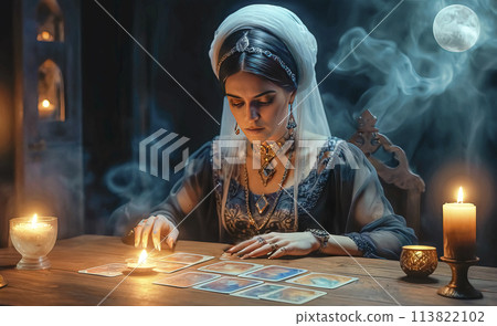 Tarot reader chooses Tarot cards. Fortune teller reads cards 113822102